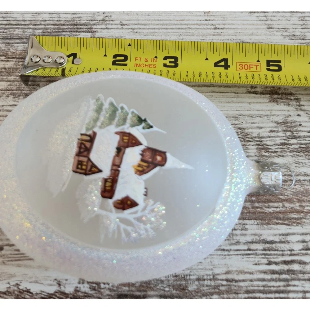 Hand Painted Glass Christmas Ornament Oval Snowy Village Merry Christmas White
